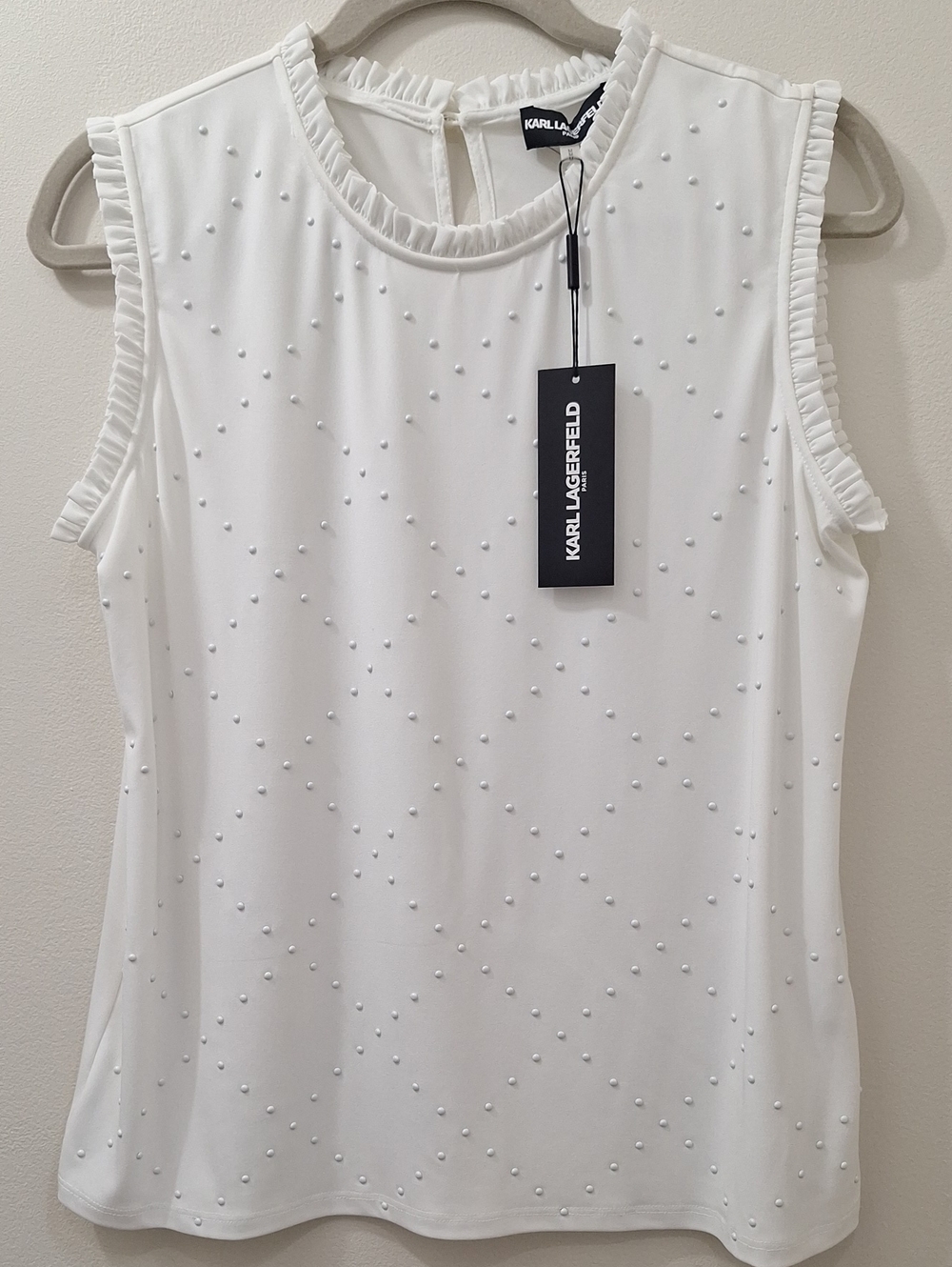 Karl Lagerfeld White Pearl-Studded Ruffle-Trim Sleeveless Top